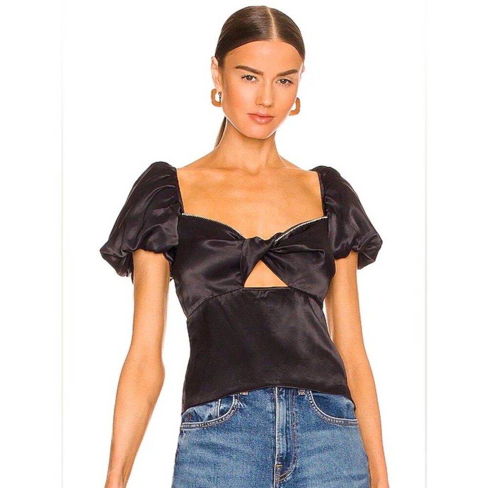 LPA Black Satin Puff Sleeve Tie-Front Top